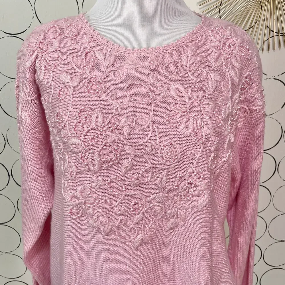 VTG Jaclyn Smith Womens Knit Sweater M Pastel Pink Beaded Coquette Floral Dainty - Picture 2 of 16